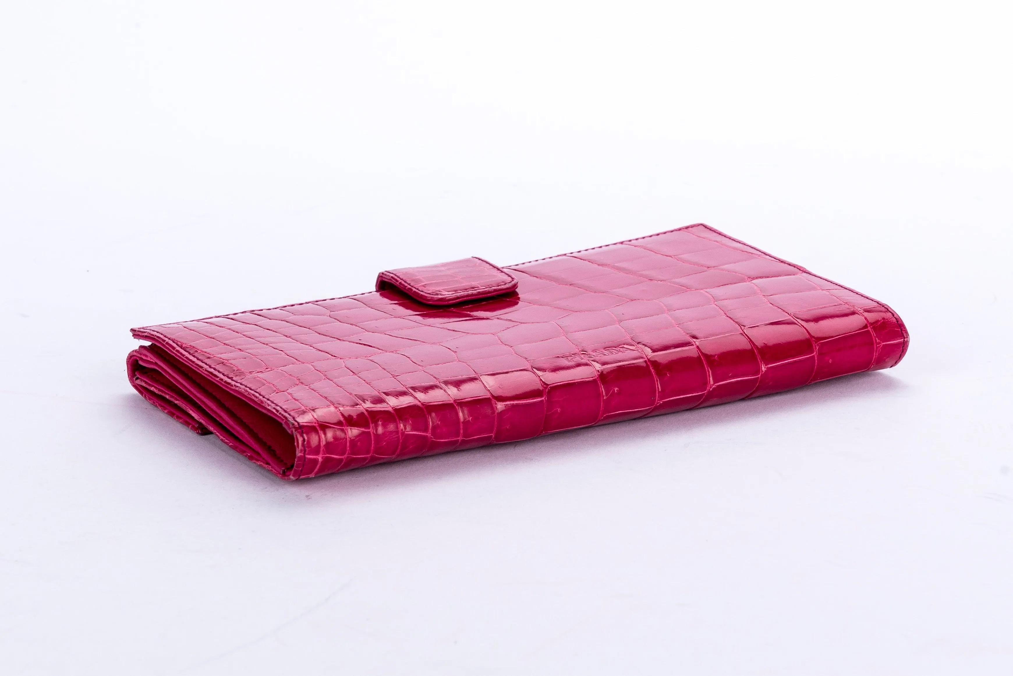 (Exotic) Prada Fuchsia Croc Leather Wallet (1M1133) with Card & Box