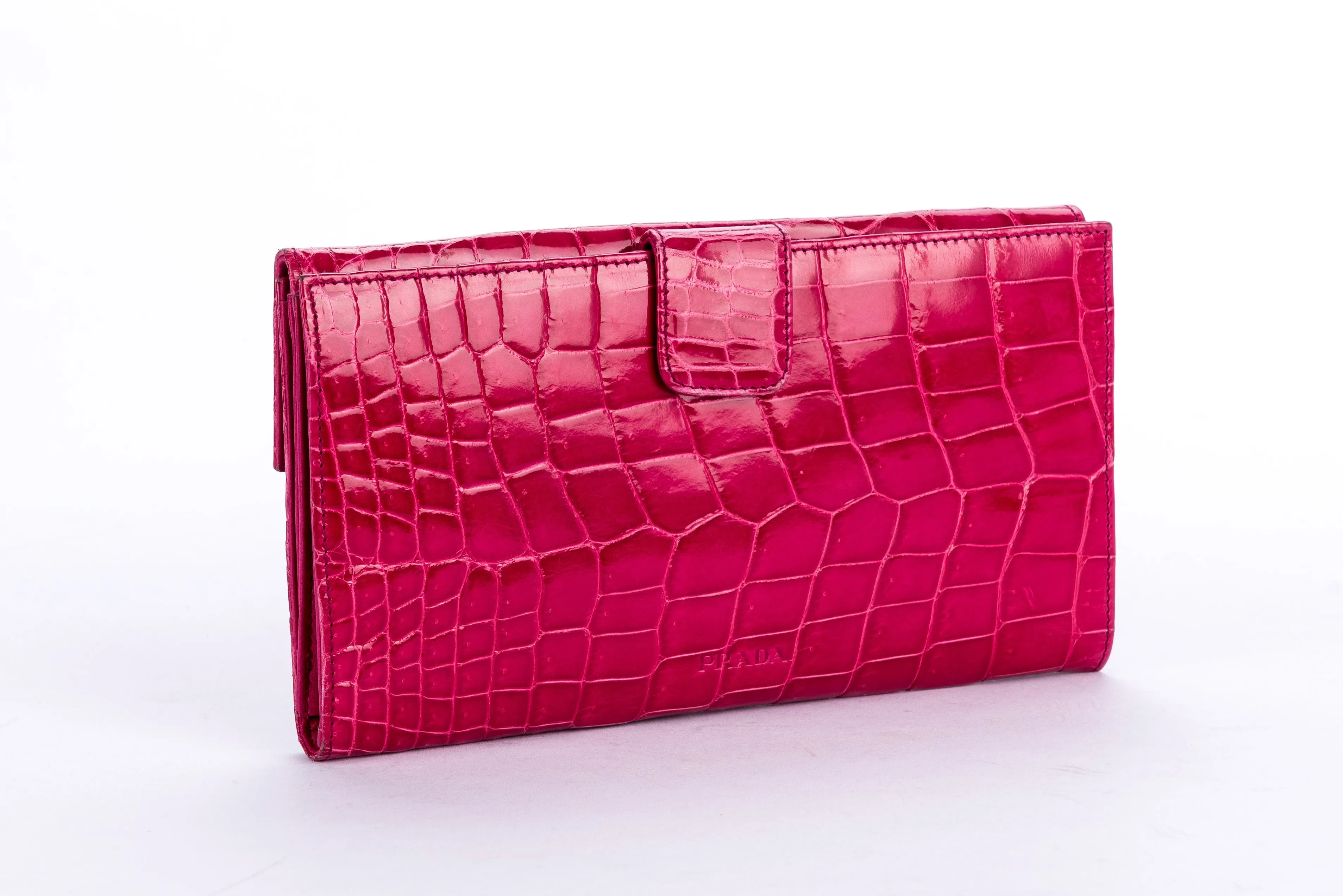 (Exotic) Prada Fuchsia Croc Leather Wallet (1M1133) with Card & Box