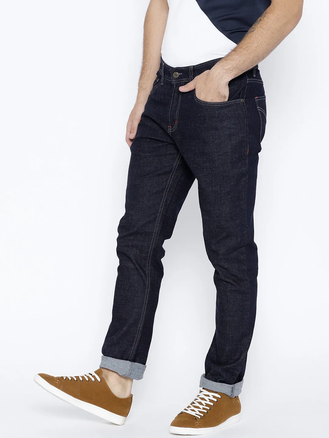 Men Navy Blue Regular Fit Mid-Rise Clean Look Stretchable Jeans