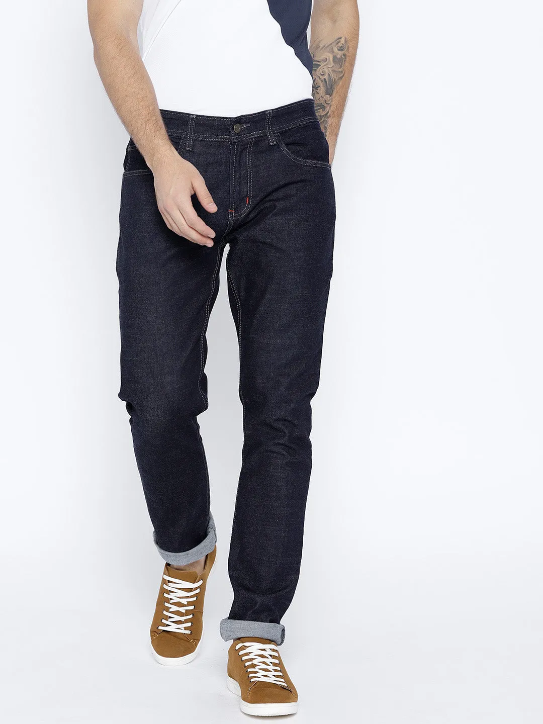 Men Navy Blue Regular Fit Mid-Rise Clean Look Stretchable Jeans