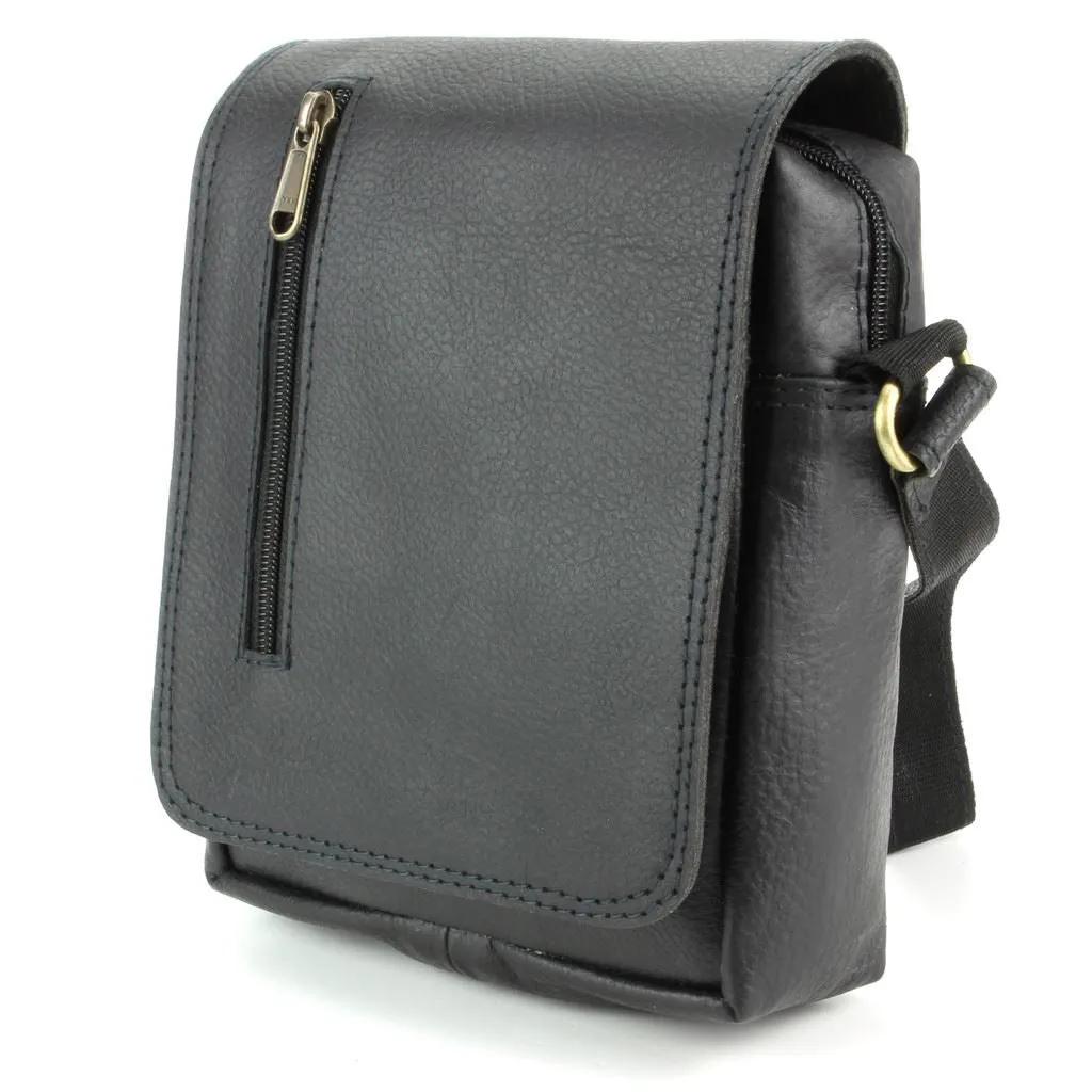 Real Leather Shoulder Bag with Front Zip - Black