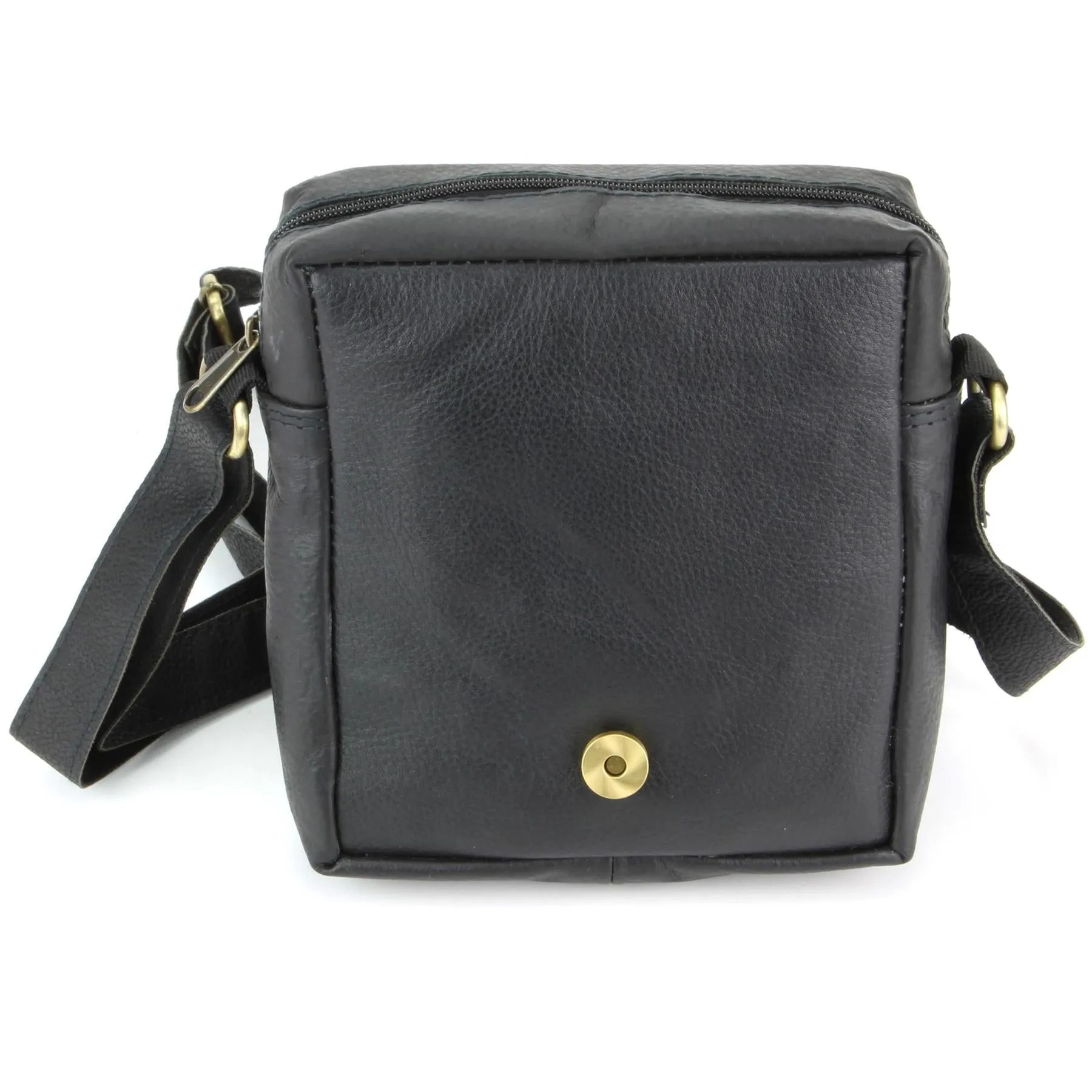 Real Leather Shoulder Bag with Front Zip - Black