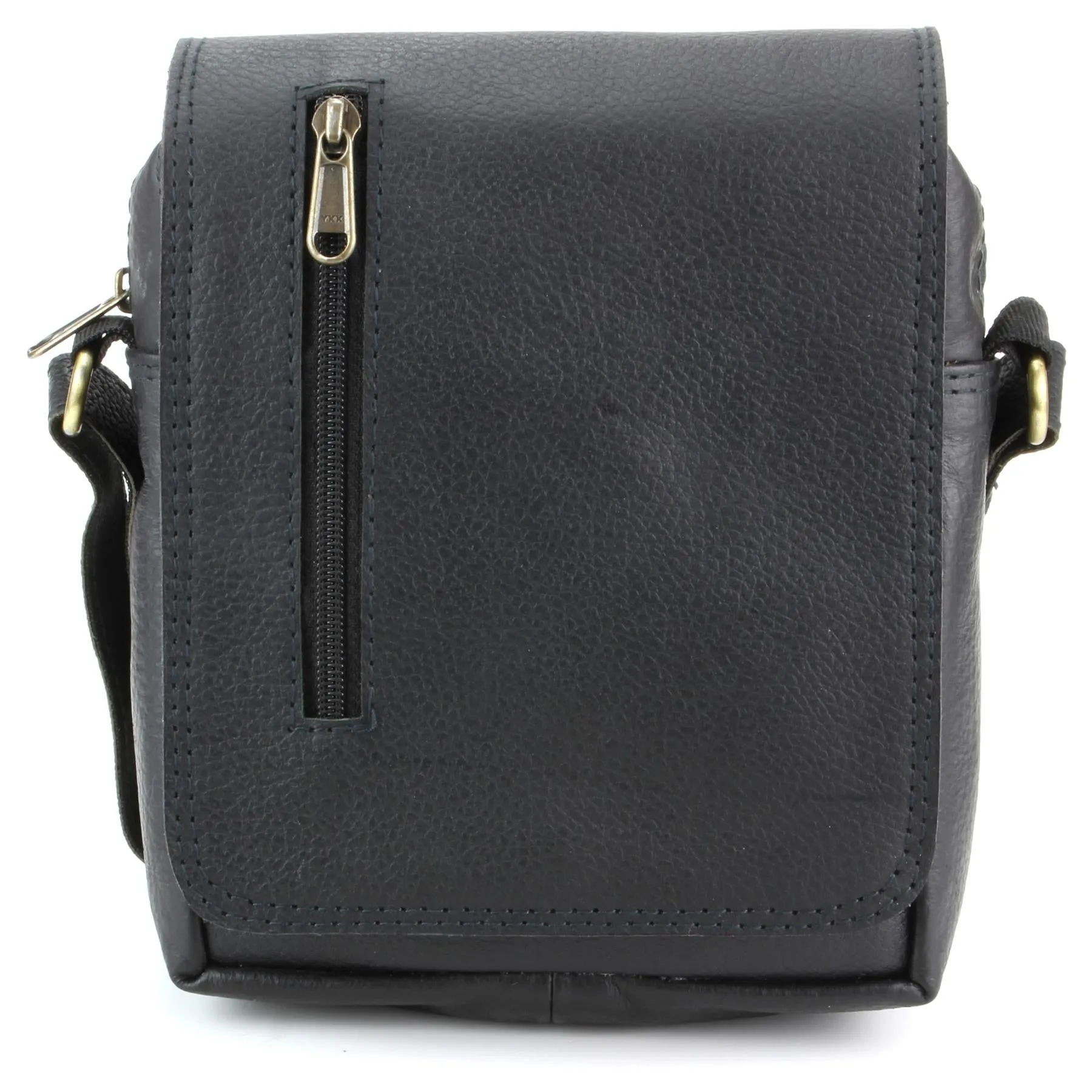 Real Leather Shoulder Bag with Front Zip - Black